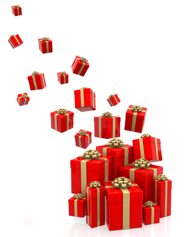 3D Christmas gifts falling - isolated over a white background